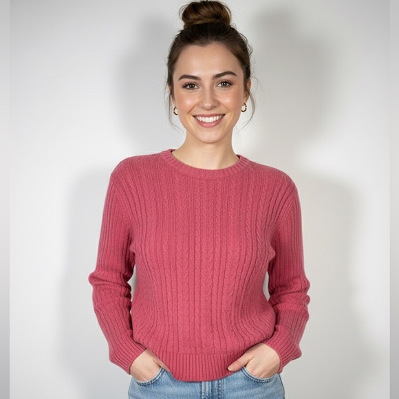 Marsh Landing by Amanda Smith Pink rose coral Cable Knit Crew Neck Sweater L‎ - Picture 2 of 14